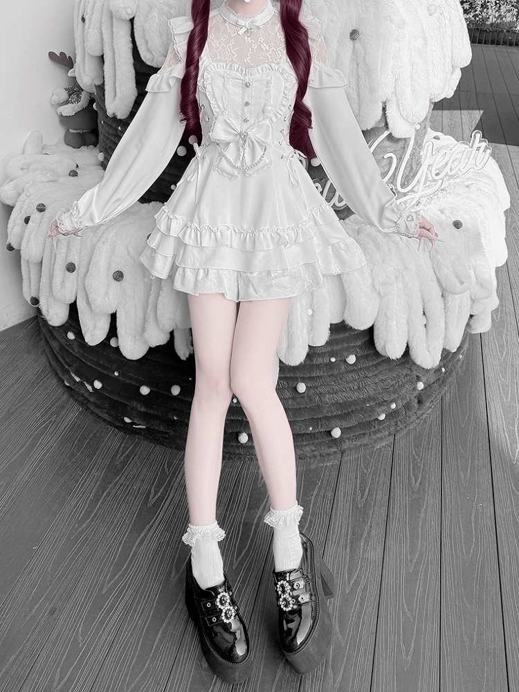White Landmine Style Floral Lace Dress Set with Shorts, Bow Tie, Bead Chain & Hairclips - Jiuniang Cherry