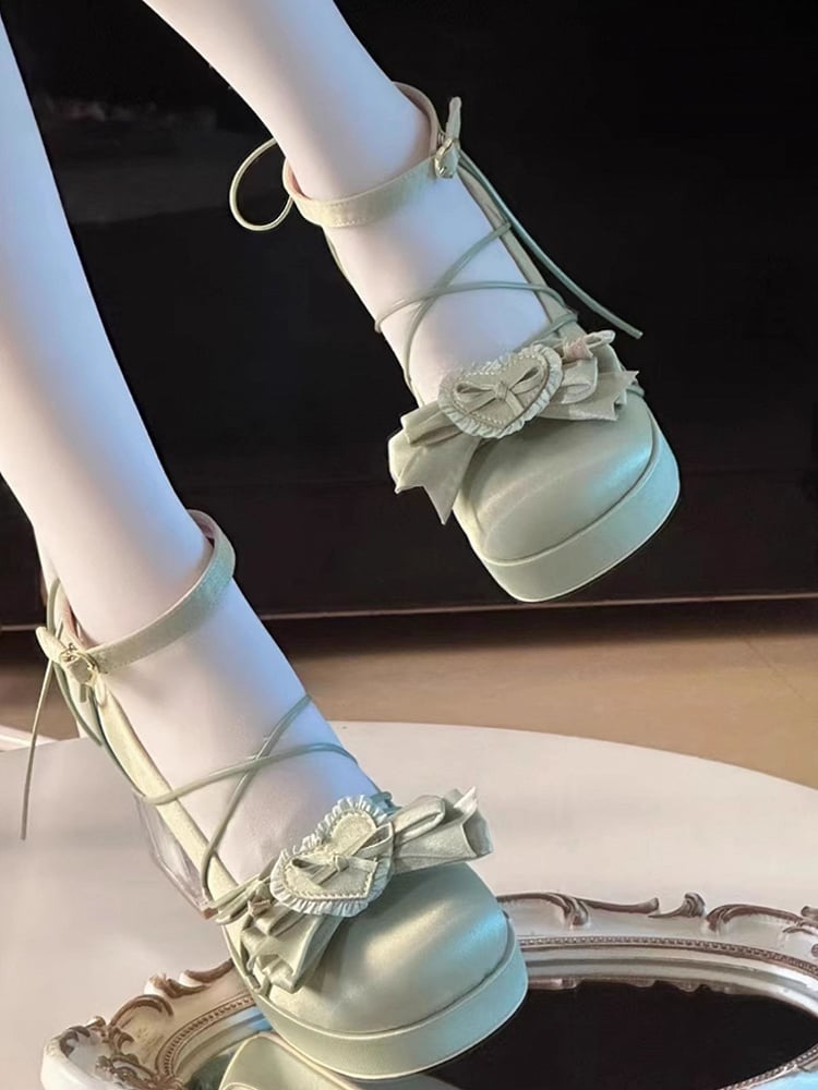 with Green Bow PU - Janes Leather Floral High-heel Mary Lolita Elegant