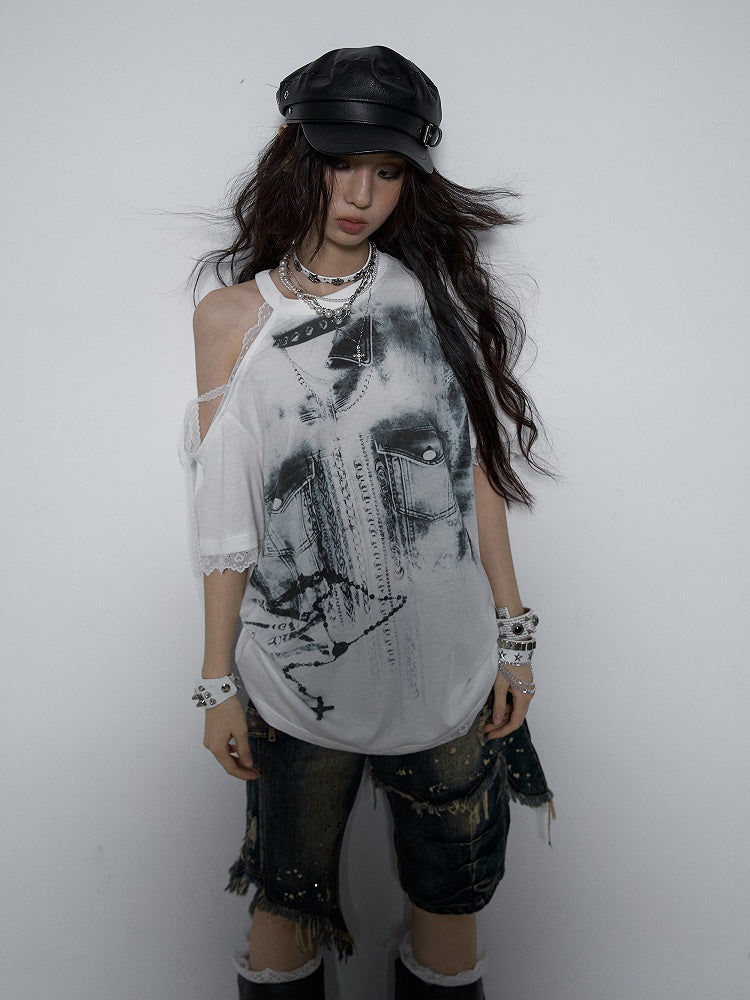 Lace-Trimmed Shoulder with Print Black Denim Lace-Up T-shirt Punk Detail White