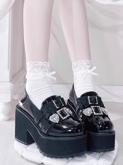 Jirai 10cm Pointed-Toe Loafers Polished Black Rhinestone Kei in Bow Platform with Heel Sweetheart