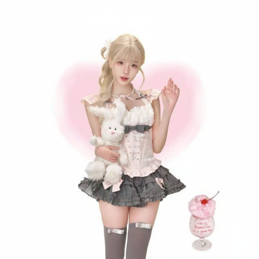 Sweet Pink Bow Cake Skirt Two-Piece Set – Summer Girl Outfit