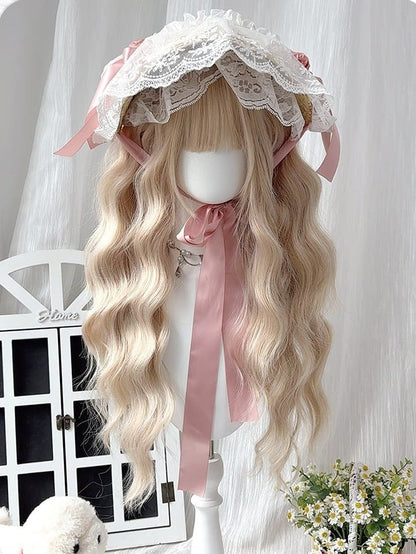 Golden Blonde 70cm Long Curly Wavy Wig with Blunt Bangs - Sleepy Fish