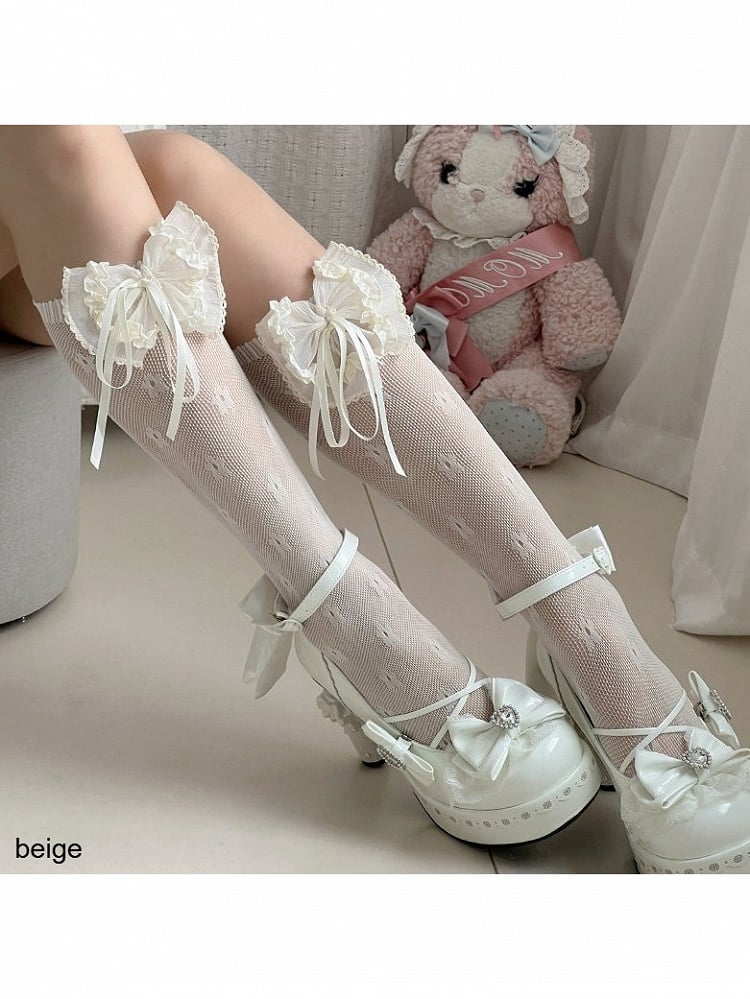 Three-Color Sheer Lolita Calf Socks with Ruffle Accents - The Private Collection of Xiaowanzi