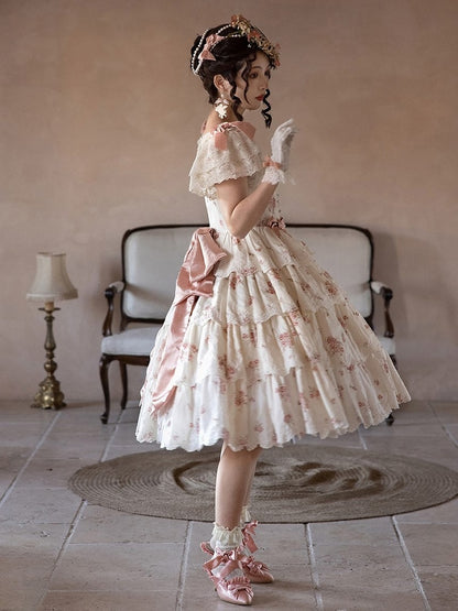 Classic Dresswith Elegant Floral PinkBeige Lolita Print Lace Tiered Bow Accents Ruffle