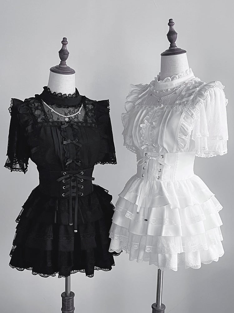 Black Neckline with Beaded Style Chain Details Illusion Criss-cross Jirai Kei Blouse