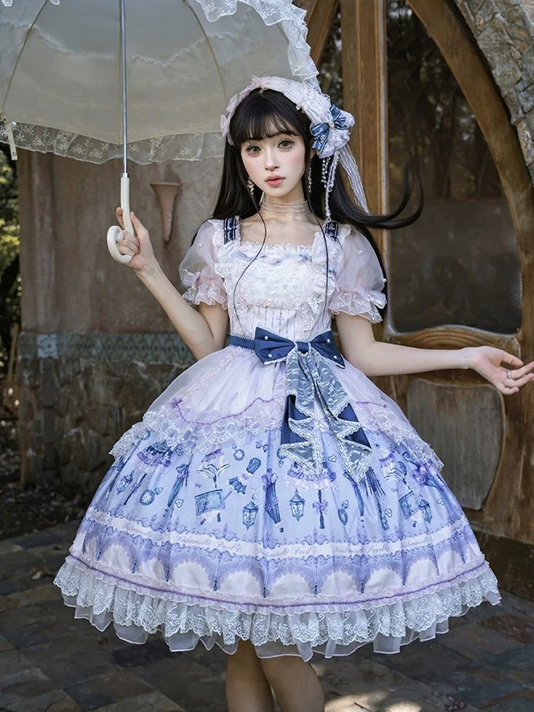 Romantic Floral Puff-Sleeve Dress with Lace, Pearl & Overlay - Mademoiselle Pearl