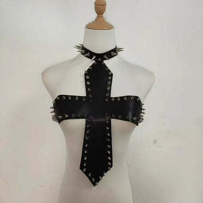 Punk Gothic Rivet Cross Vest PU Leather Strapless Top