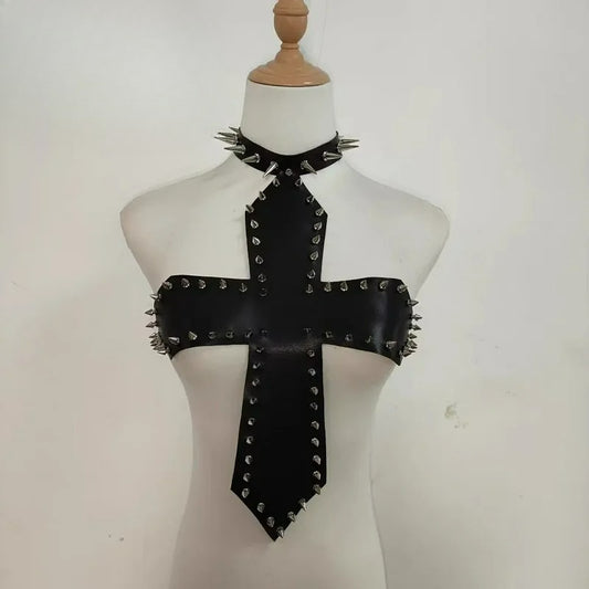 Punk Gothic Rivet Cross Vest PU Leather Strapless Top
