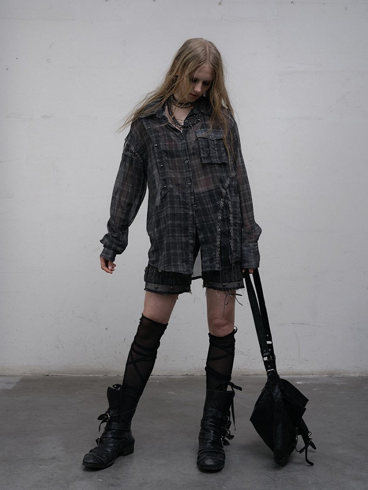 Side Laces Shirt Punk Chiffon with Gray Plaid Cross-Tie Slits