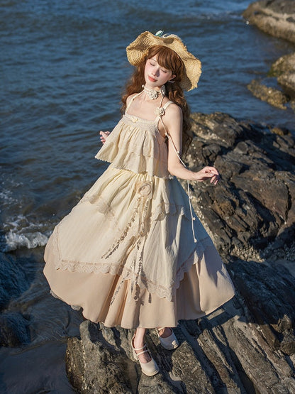 Beige Lace Top & Skirt Set with Brooch & Hat - With PUJI