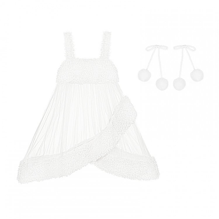 Neckline Hemline White Overdress Tulle with Fleece Sheer and