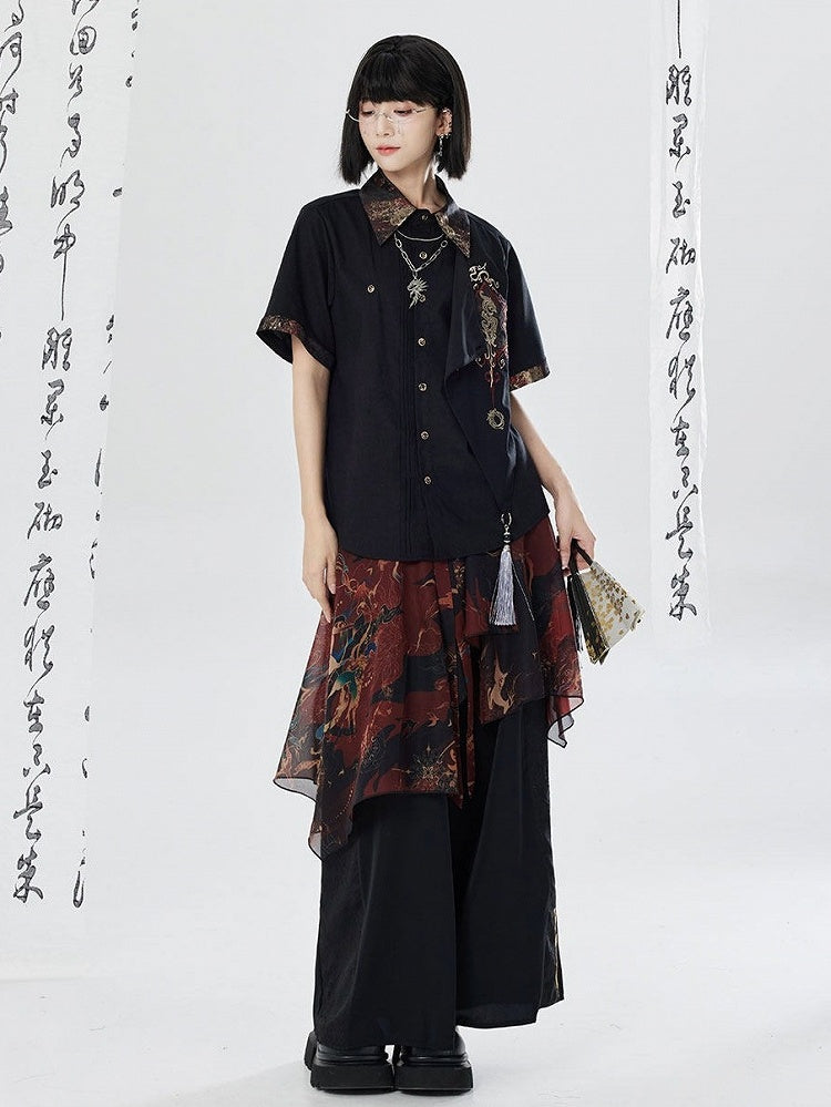 Embroidered Dragon Short Sleeve Shirt - Qing Tang Original