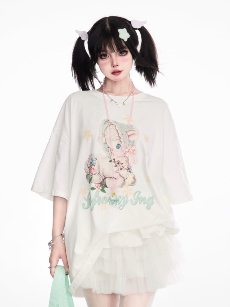 T-Shirt Loose White Round Neck Cute Deer Print