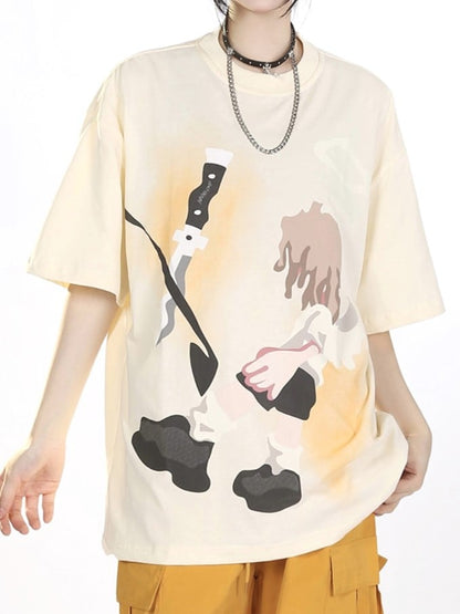 Beige Oversize Tee with Cartoon Boy Print
