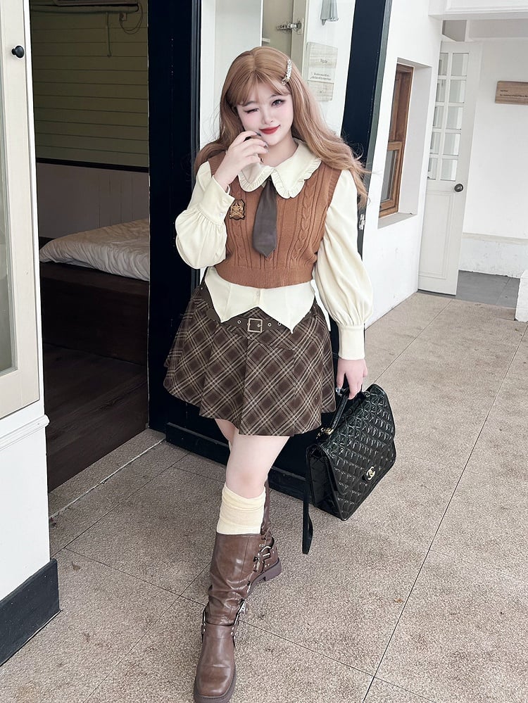 Plus Size Plaid White Skirt Brown / Shirt Pleated Preppy