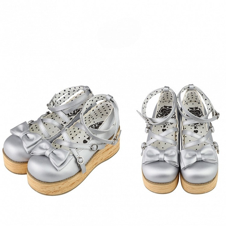 Shoes Platform Round Toe at Sweet Silver Bow Lolita PU - Top Crisscross Design
