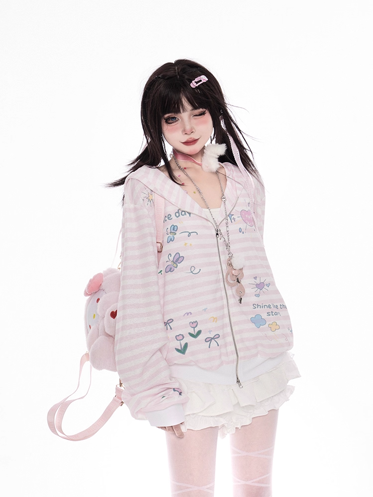 ピンクのストライプフード付きジャケット ジップアップ柄 Y2K 秋 プリント