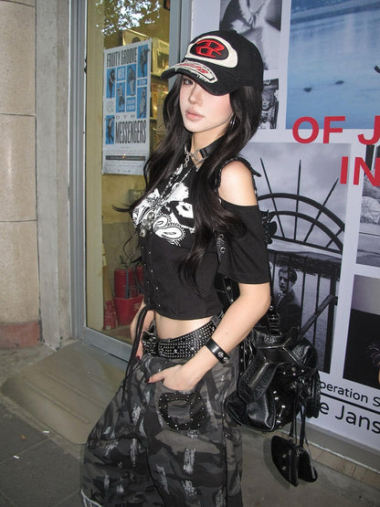 Waist with White Black / Asymmetrical Lace-up Neckline T-Shirt