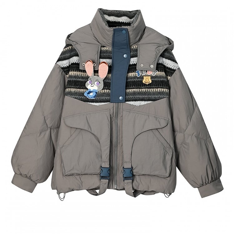 パッチワークデザイン グレー フード付きダウンジャケット