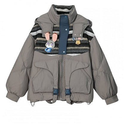 パッチワークデザイン グレー フード付きダウンジャケット