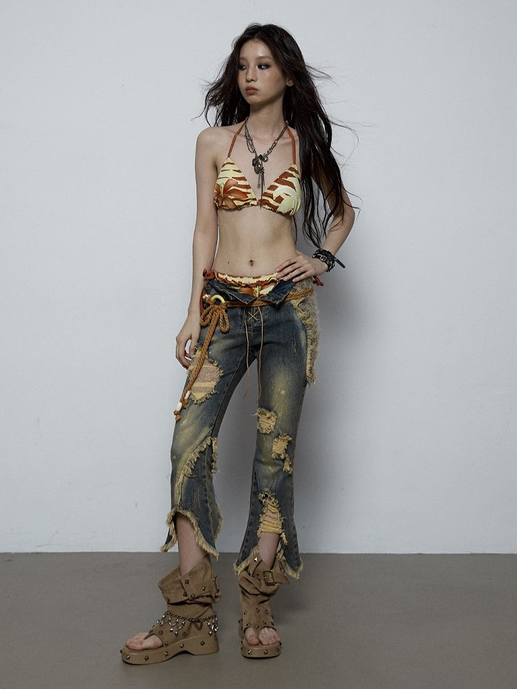 Lilies Bikini with Set Swimsuit Adjustable Ties Maroon Punk Print Yellow