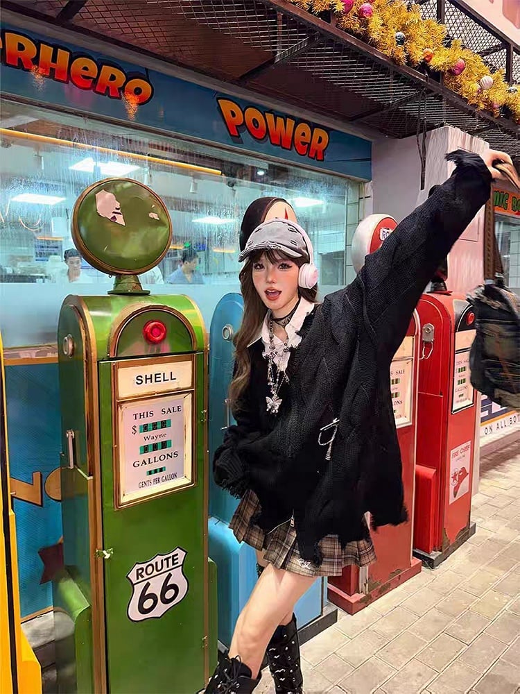 Cardigan Edgy Black Academiacore Zip-Up Knit