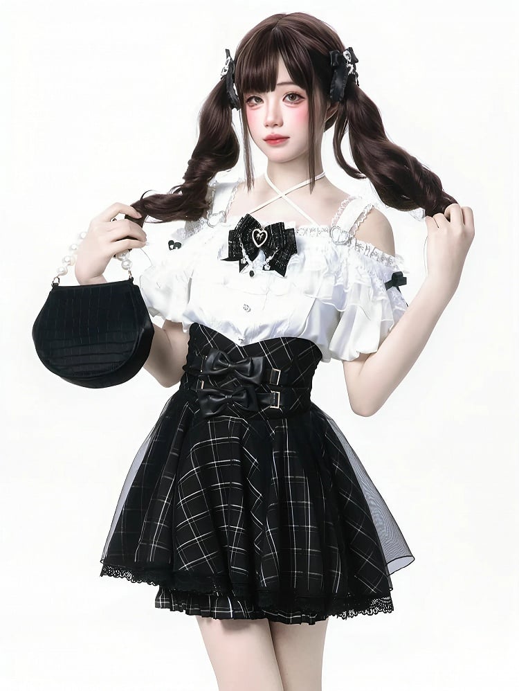 Bow Black Dual Skirt Jirai with Overlay Accents Plaid Layered High Waist Kei