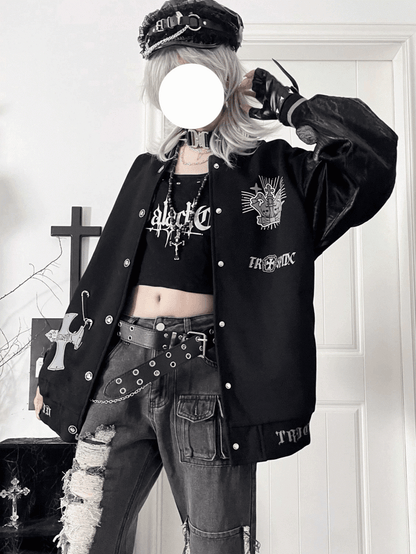 Vintage CuffCrown+Wing Black Gray Baseball Jacketwith Striped Print Gothic