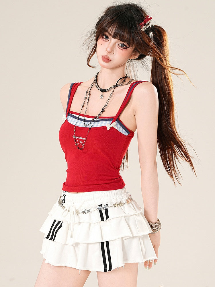 Two-pieces Details Red/Orange Top Faux Cami Bowknot Glamorous Y2K