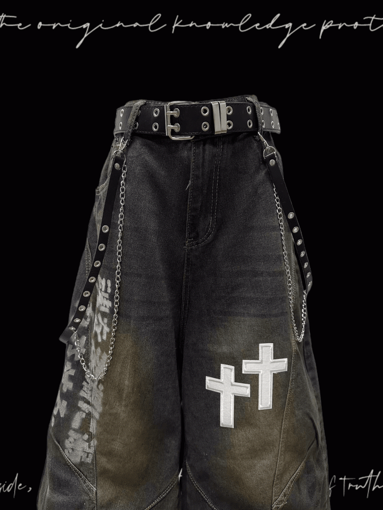 Blue Dark Wide-Leg Jeans Faded Wash Cross Appliques Distressed