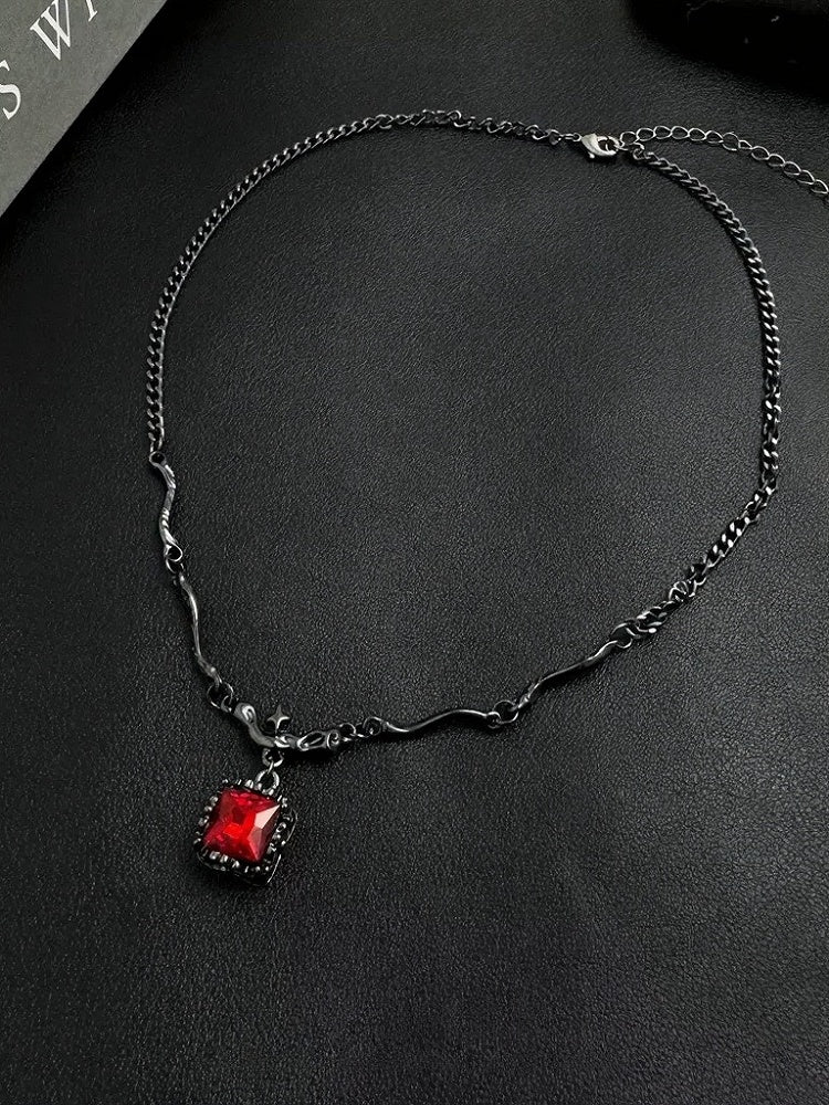 Ebony Chain Necklace with Ruby Crystal Pendant - YSHXS