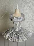 Silver Sleeves Corset Kitty Lolita Bunny Puff Gray and Short Dress Print