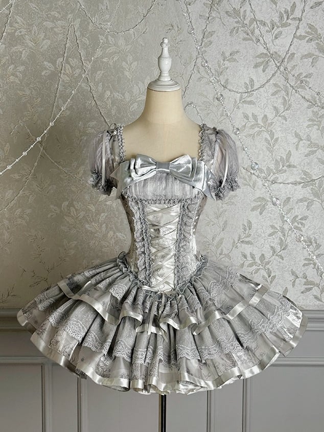 Silberne Ärmel Korsett Kitty Lolita Bunny Puff Grau und kurzes Kleid Print