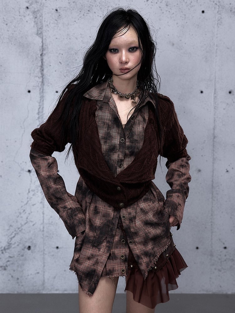 Long Shirt - Plaid Two-piece Sleeve Red Pattern Top Collar Brown