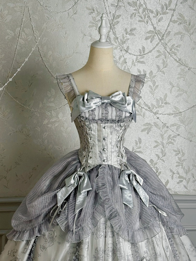 Gray Lolita Silver Skirt Corset Waist Jumper Overlay Drawstring