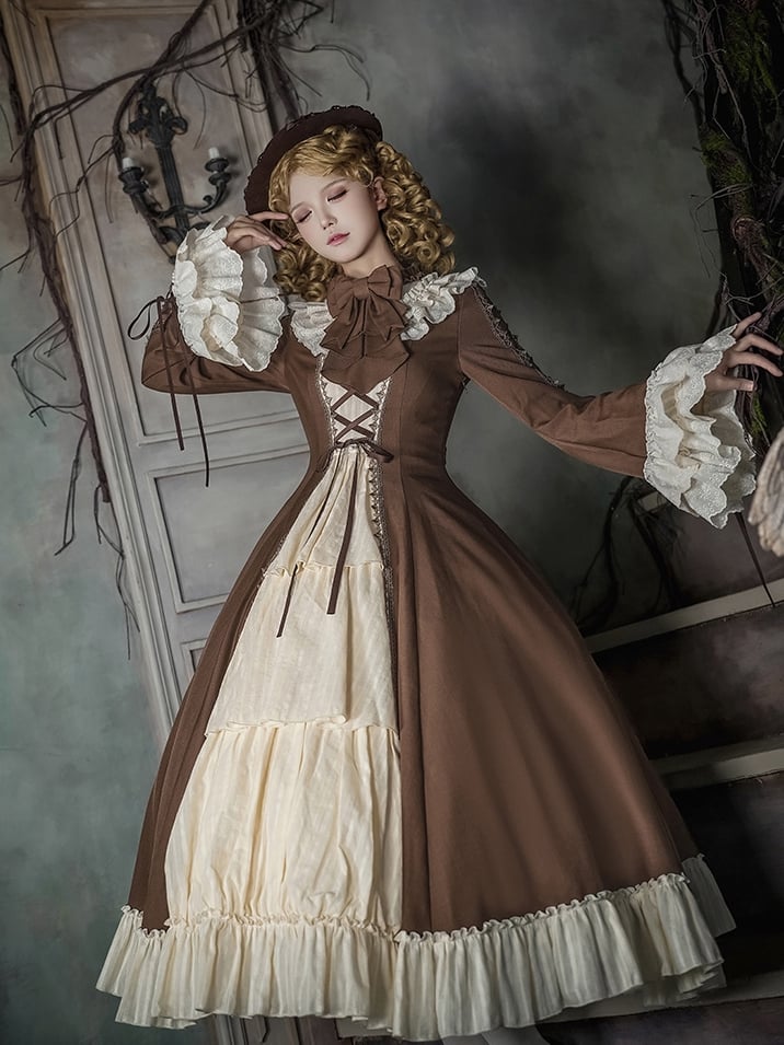 Lolita and Bell Beige Neckline Dress Long Brown Version Ruffle Elegant Sleeves