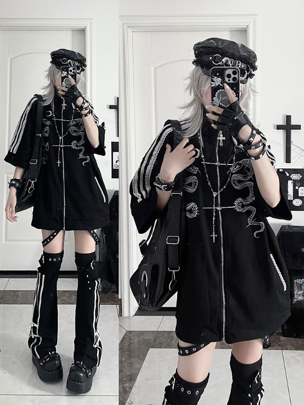 Sleeves Cheongsam EmbroideryStriped White Style Black Gothic Tracksuit Jacketwith Short Snake