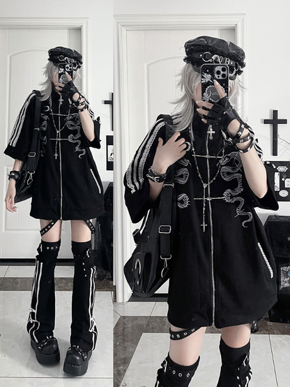 Sleeves Cheongsam EmbroideryStriped White Style Black Gothic Tracksuit Jacketwith Short Snake