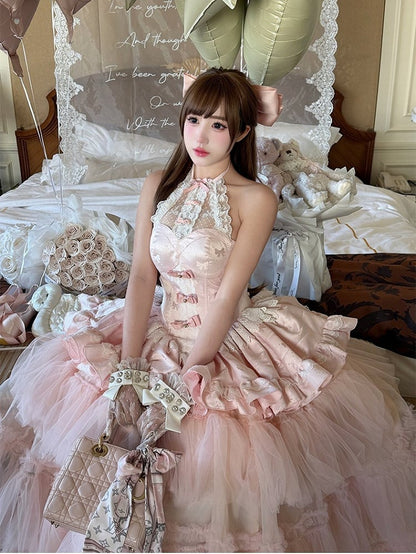 Pink Bow Halter Neck Prom Dress with Tiered Tulle - Diamond Honey