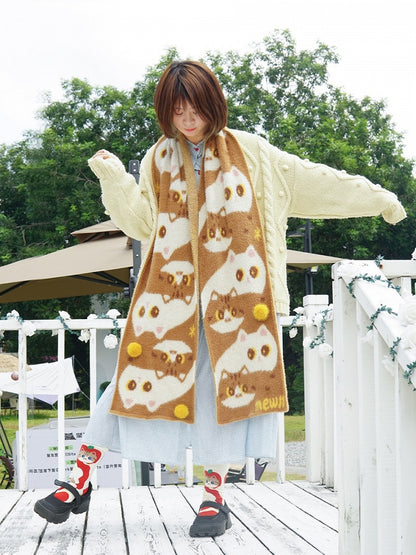 Cute Kitty Pattern Brown Knit Scarf