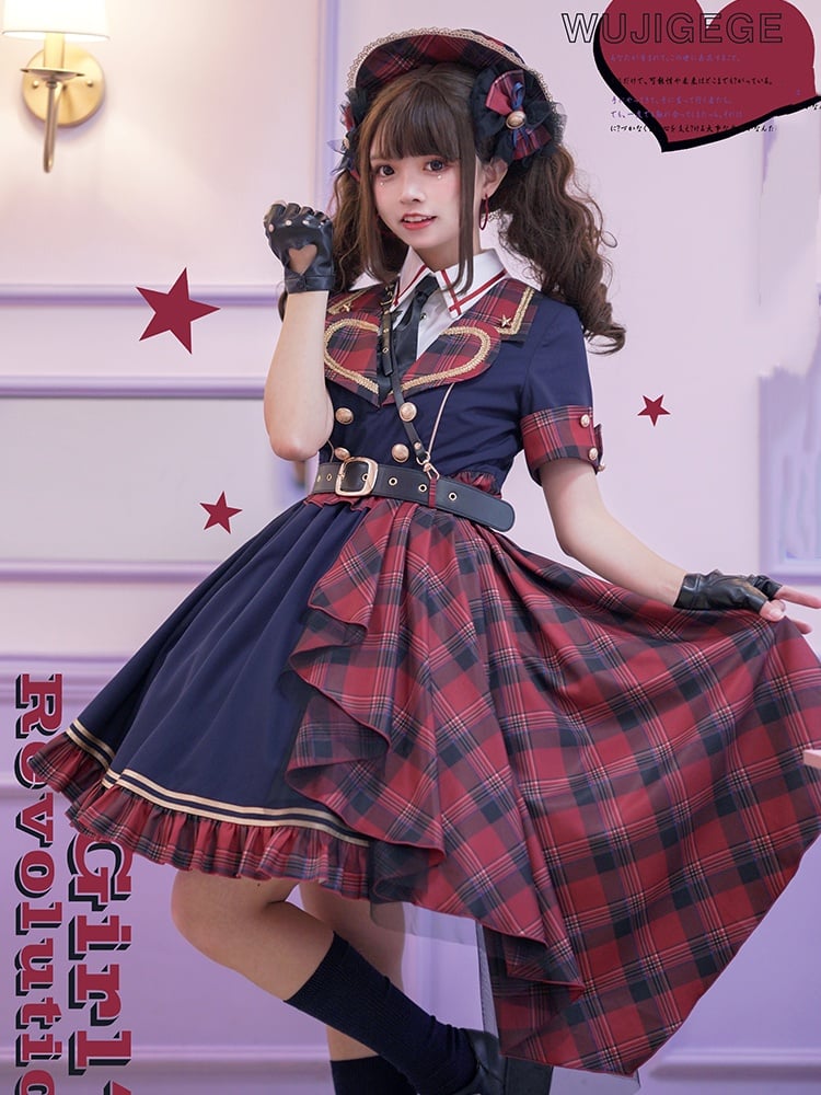 Blaues Kleid mit Kontrast-Rotkaro und goldfarbenen Knöpfen, Idol Lolita OP