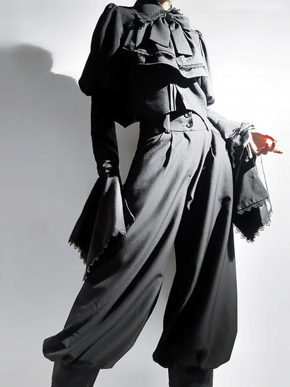 Lolita Black Gothic Cropped with Curved Wizard-Inspired Top Ouji Hemline