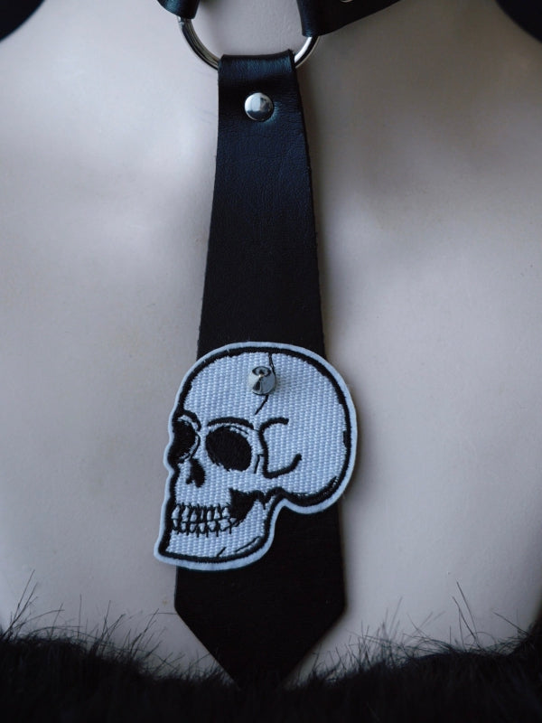 Decorated PU Choker Applique Studs Gothic Tie Black Skeleton