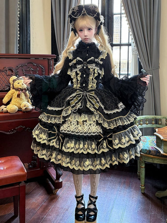 Bow Neckline Chain Flower Princess Black Lolita Bead Dress Gorgeous