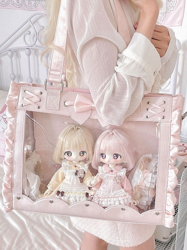 Transparent Window Bowknot Ruffled Satin Pink Bag for BJD Doll - Salt Tea