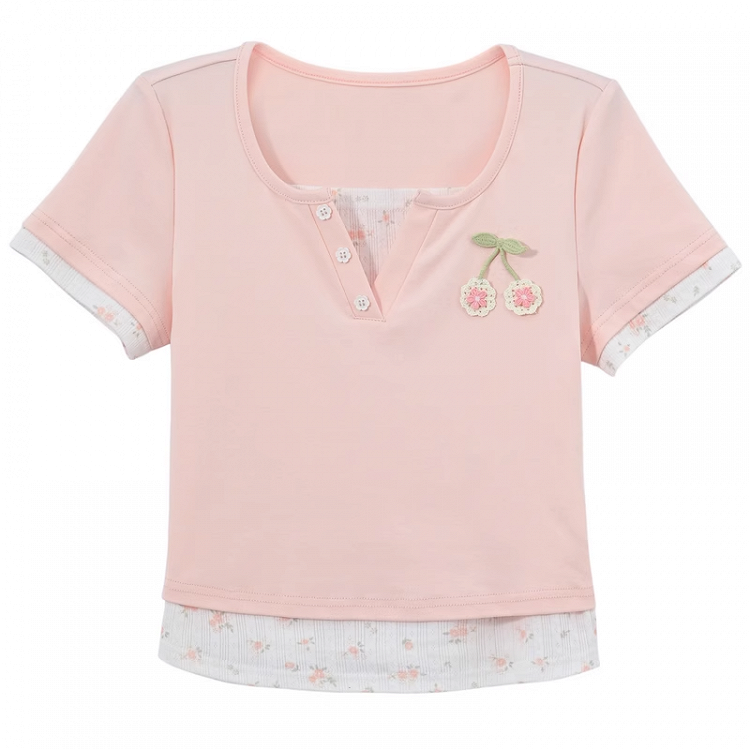 Faux Two-Pieces Pink Cherry Embroidery Sweet Floral T-Shirt