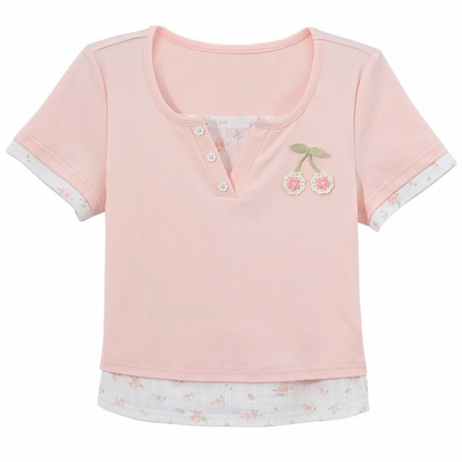 フェイクツーピース ピンクチェリー刺繍 スイートフローラルTシャツ