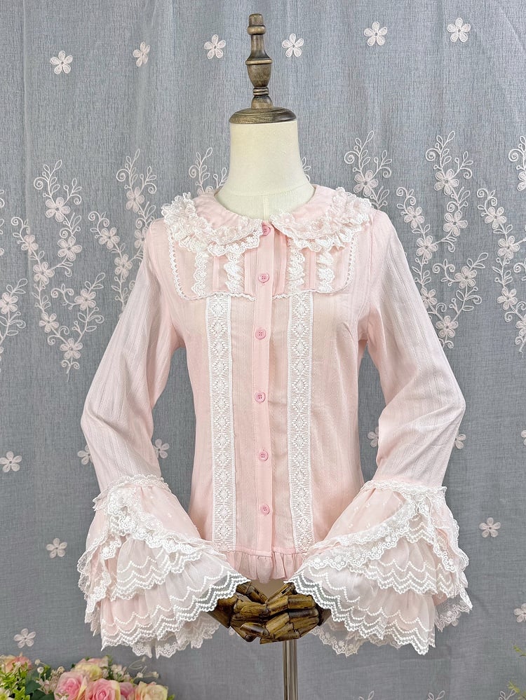 Sleeves Blouse Pink Lolita Bell Jacquard Cotton Long