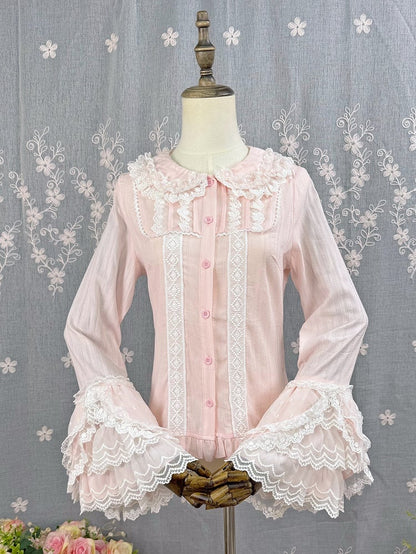 Sleeves Blouse Pink Lolita Bell Jacquard Cotton Long