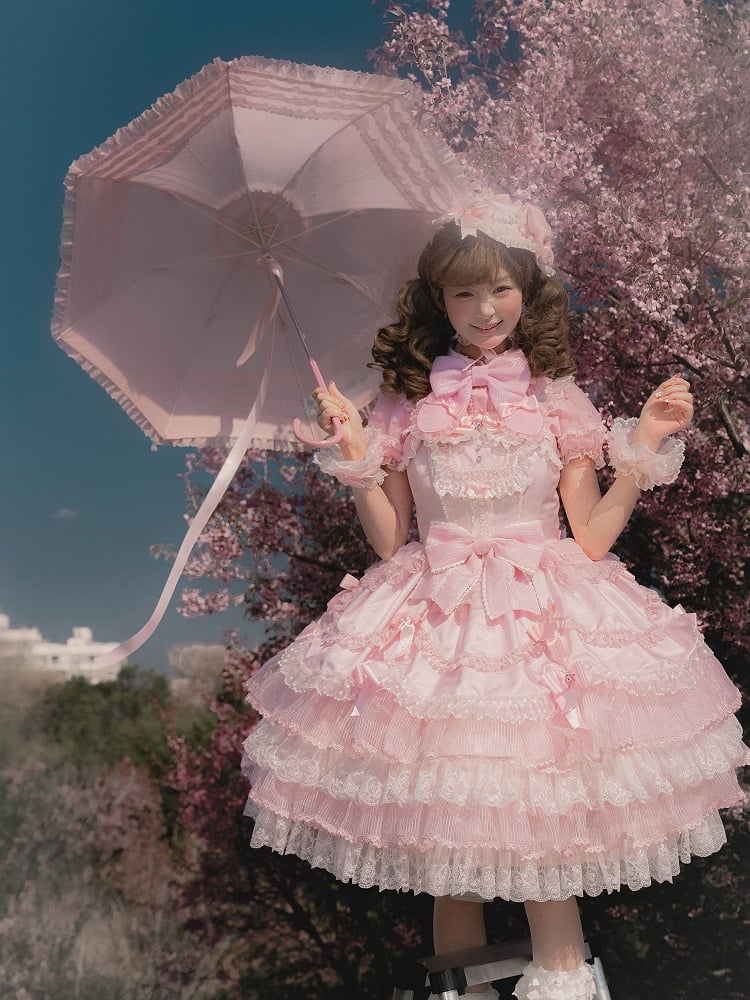 ピンクのプリンセスレイヤードフリルドレス、取り外し可能なパフスリーブ付きスイートロリータジャンパースカート